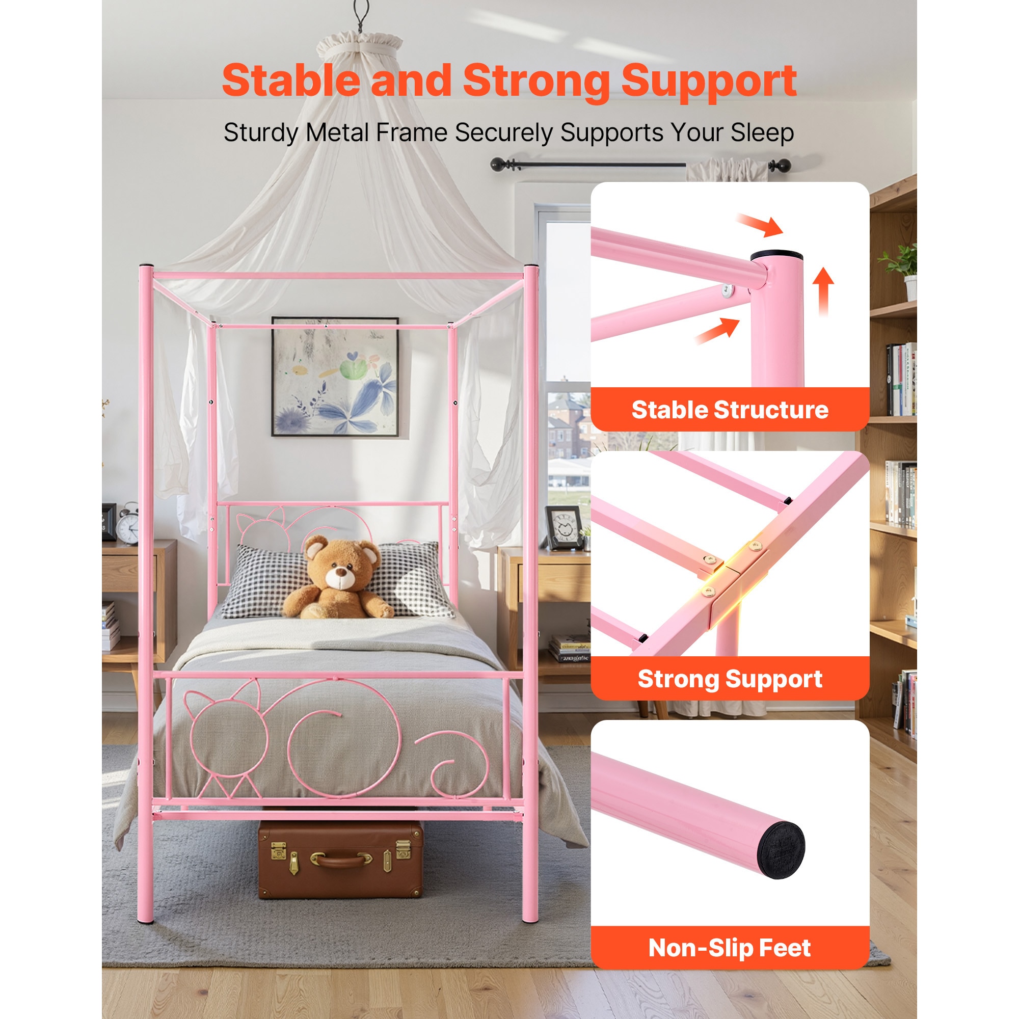 Twin Size Canopy Bed Frame Metal Canopy Bed With Headboard & Four Posters_voghion.com